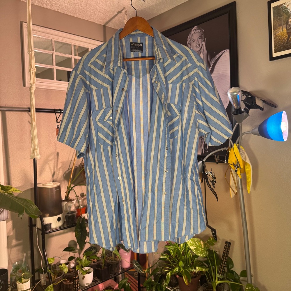 Wrangler Cowboy Cut Western Shirt Mens 19 Blue Stripe Excellent Pearl Snap Short